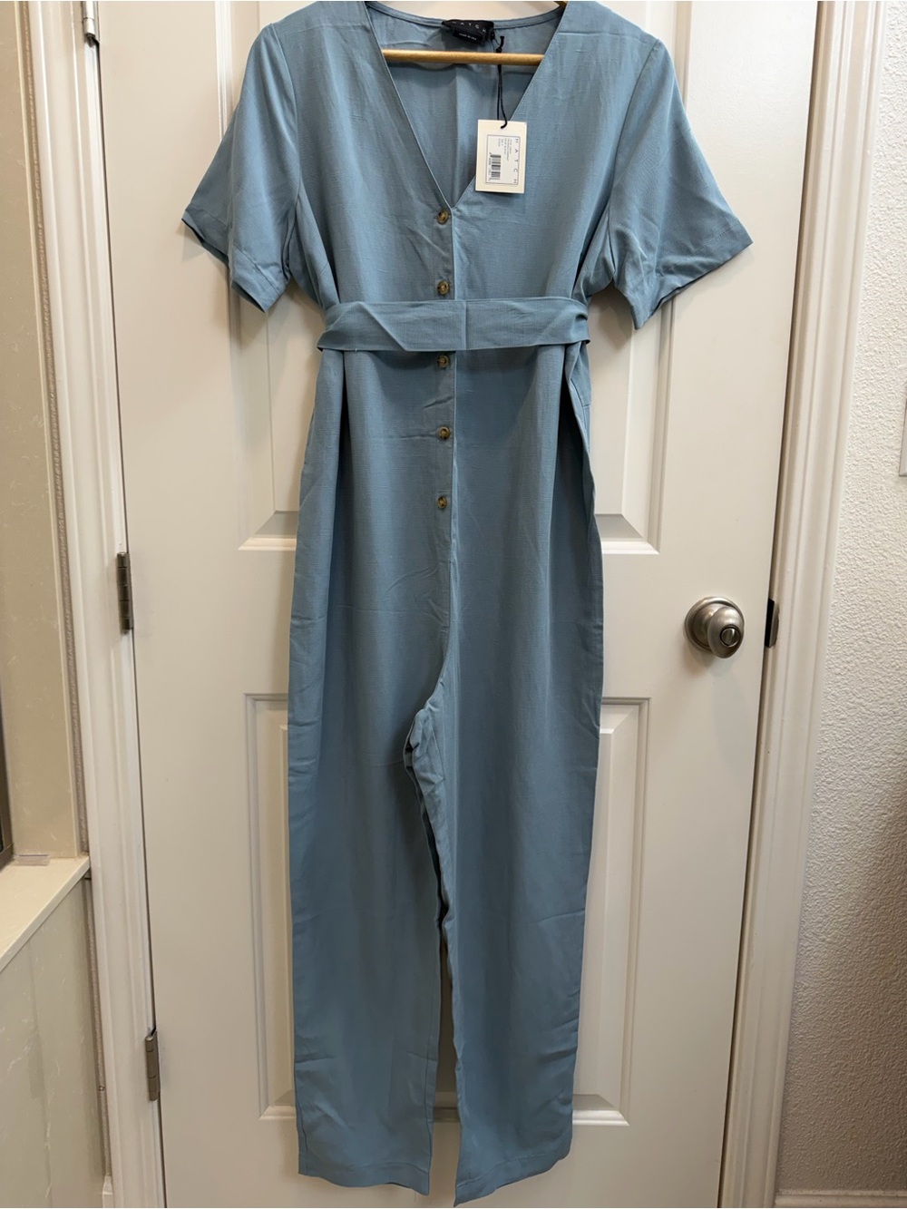 Hatch Maternity Sky Blue V-Neck Button Jumpsuit with Waist Tie